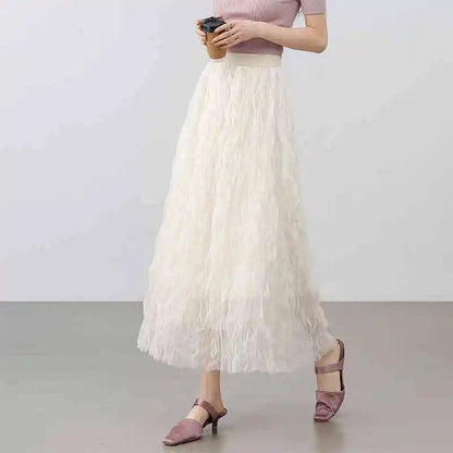 Sweet Style Mesh Skirt Women 2026 A-line Holiday Vacation High Waist Ruffles Long Skirt Woman Clothing W52Q80351