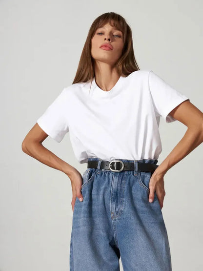 Summer 100% Cotton Women's T-shirt Bottoming Basic Fashionable Solid Lady Short Sleeve Loose Tops Shirts 230g/㎡ Tops