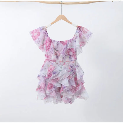 Chic Floral Printed Mini Dress Backless Sleeveless Hem Stacking Dresses Sweet A Line Vestidos 2025 New Lady Party Club Clothing