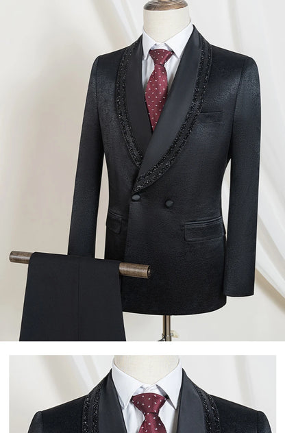 Luxury and fashionable men's suit Rhinestone Collar Shawl Lapel black Wedding Suit 2 Piece Set Groom Tuxedo Banquet party outfit