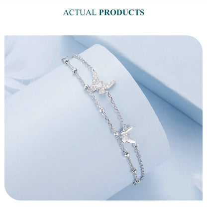 Womens Double-Layer Butterfly Bracelet 925 Sterling Silver CZ Layered Bracelet Dainty Beaded Chain Adjustable 5.9"+2.3"