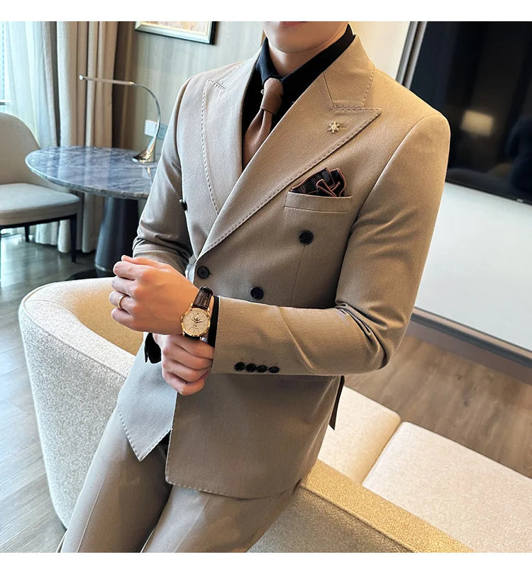 (Jackets+Pants) Luxury Double Breasted Design Slim Fit Suit High Quality Fashion Men's Wedding Social Suit Tuxedo 2 Piece Set