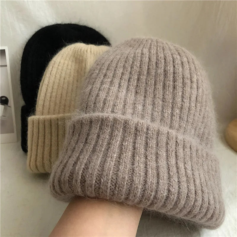 Winter Dome Brimless Casual Hat Warm Rabbit Fur Knit Hat women's double-layer Thick Wool Hat Casual Hat Toe Cap Cold Hat 4m868
