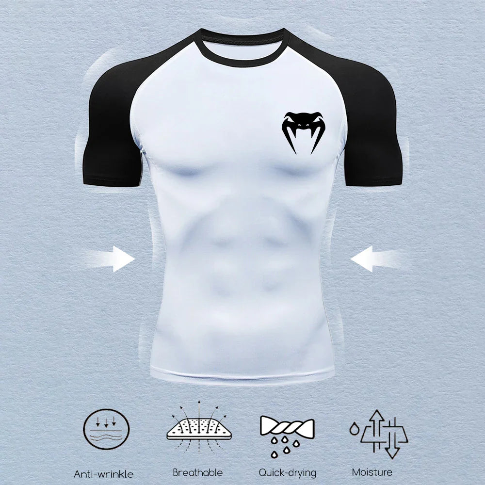Men's Compression Shirts Fitness Snake Print Gym Shirts Quick Dry Rashguard Short Sleeve Sportswear Jogging Tops Tees Summer