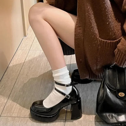 2024High Heels Women's Spring Autumn Pumps Shoes Red Black Retro Thick Soled  Jane  Ankle Buckle 9cm Chunky