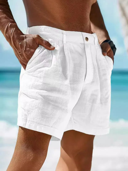 2026 Summer Cotton Linen Shorts for Men Solid Casual Button Pocket Beach Shorts Men's Comfortable Simple Vacation Leiture Pants