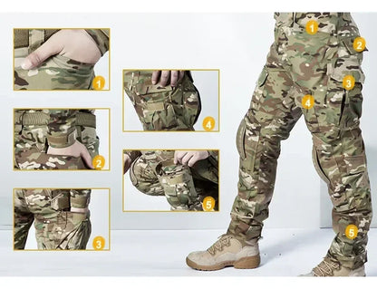 Outdoor Tactical Uniform Military Camo Hiking Training Shirts Workwear Cargo Pants+Pads Airsoft Paintball Hunting Clothes Sets