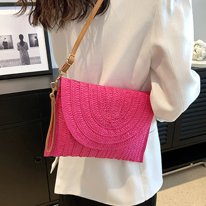 Straw Woven Shoulder Crossbody Bag Beach Clutch Handbag Casual Summer Handmade Envelope Bags for Women Totes Purse