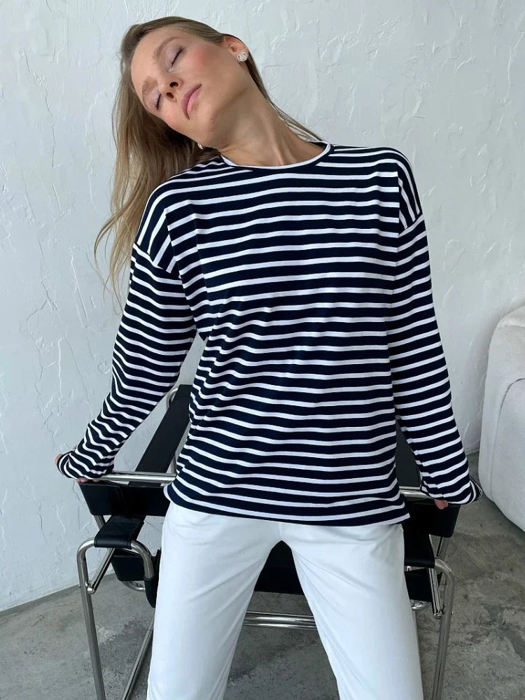 2025 Summer Long Sleeve Striped T-Shirts Women Basic Casual Tops Female Cozy Loose Cotton Tees Harajuku T Shirt New
