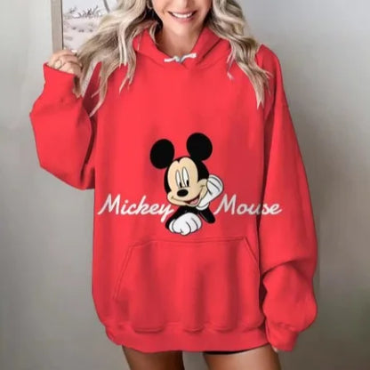 Mickey Mouse Red Hoodie Women 2025 Autumn Oversized Printed Pullover Casual Streetwear Disney Y2K Aesthetic Fashion Comfortable