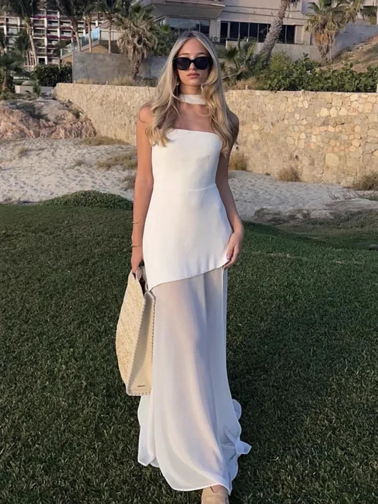 Fashion Strapless Dress With Ribbon Female Elegant Sleeveless Mesh Beach Vacation Long Dress 2025 Spring New Women Dress