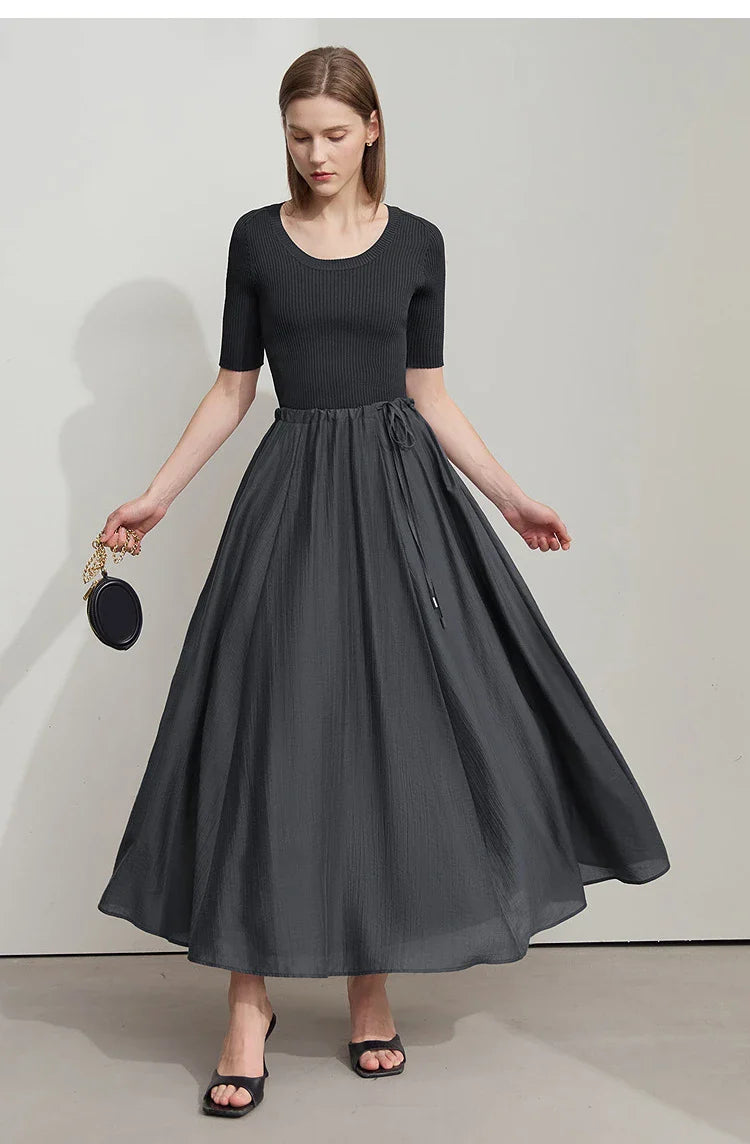 Minimalist New Summer Knee Length A-line Skirt Women Adjustable Drawstring Solid Color Commuting Style Loose Skirt 12522025
