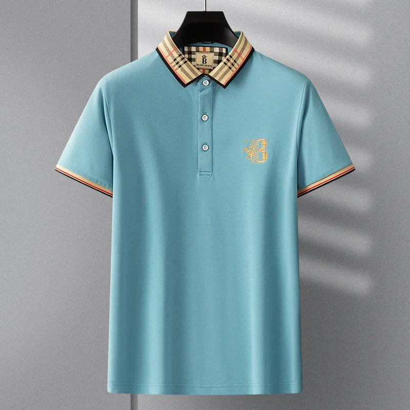Summer novel men's high-end lace collar B-shaped short sleeved polo shirt, comfortable and casual business T-shirt