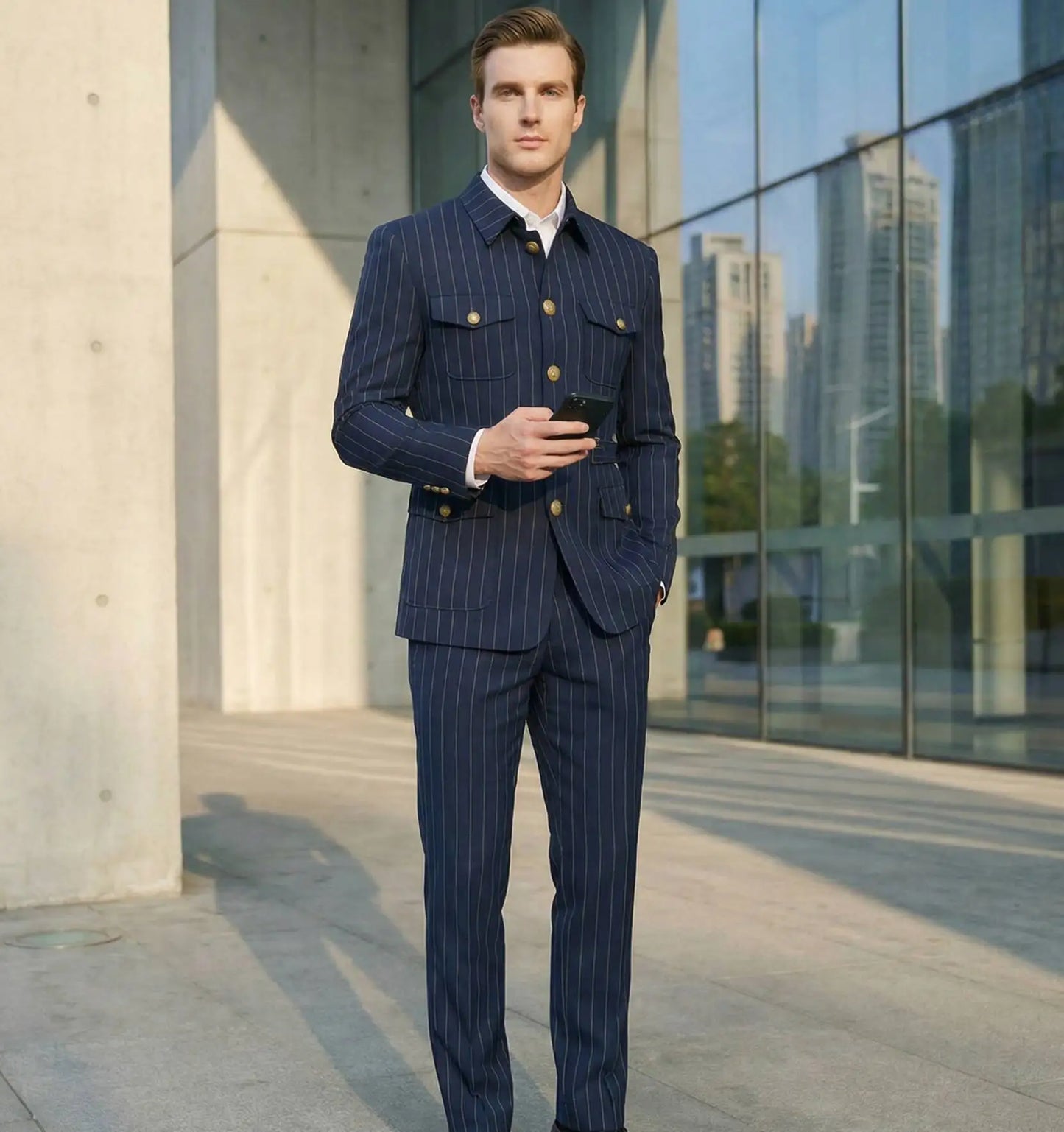 Elegant Dark Blue Striped Men's Suit Slim Fit Double-Breasted Jacket And Trouser Set Fashionable Collarless 2-Piece Suit