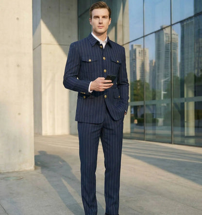 Elegant Dark Blue Striped Men's Suit Slim Fit Double-Breasted Jacket And Trouser Set Fashionable Collarless 2-Piece Suit