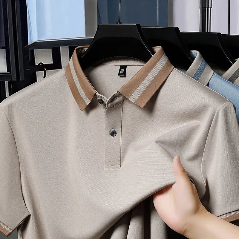 High quality men's short sleeve polo shirt new breathable and fashionable color blocked collar T-shirt summer ice silk cool top
