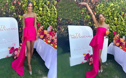 Satin Homecoming Dresses Short A Line Prom Dress Strapless Zipper Open Back Side Big Bow Mini Cocktail Gown Dance Party Dress