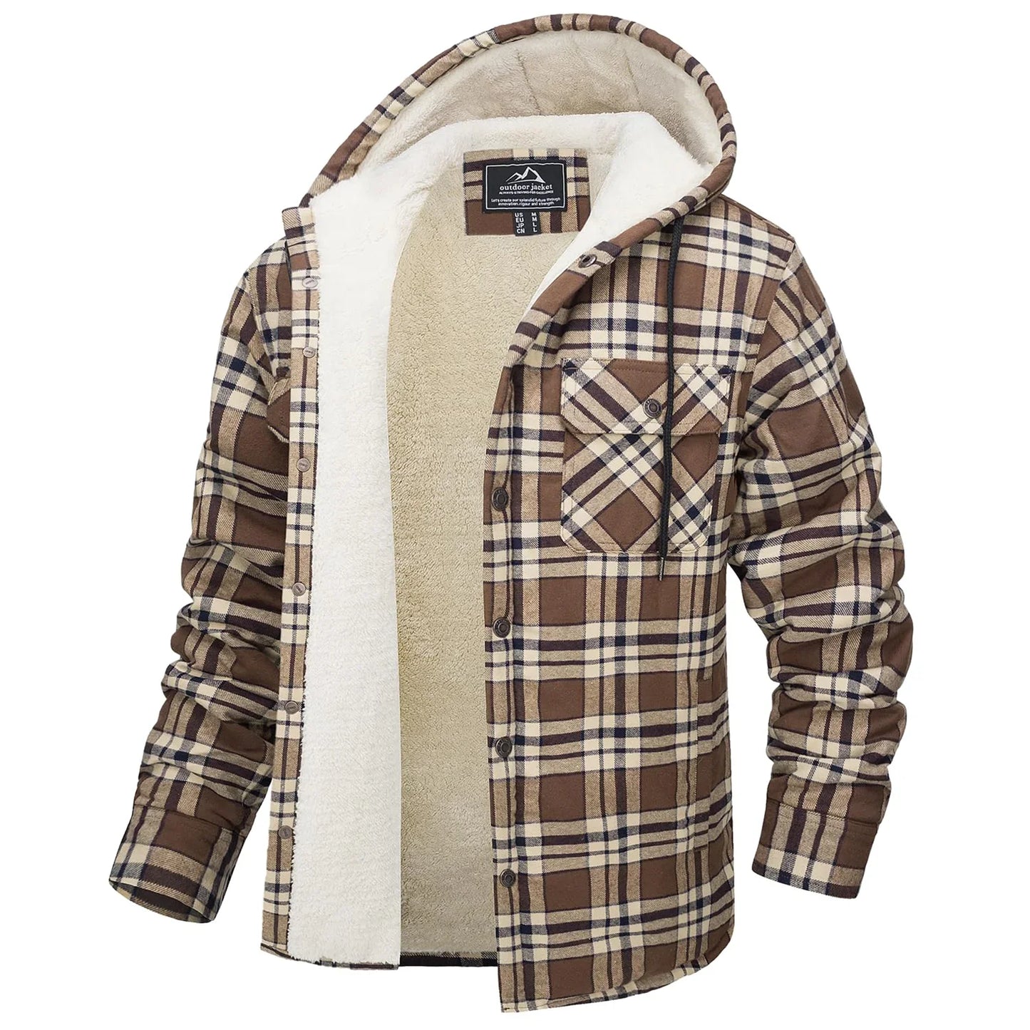 Sherpa Lined Flannel Jacket Mens Heavyweight Hooded Fleece Jacket Thicken Warm Button Down Plaid Jacket Outwear Coats