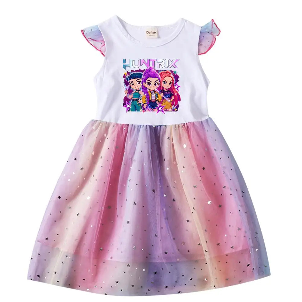 Baby Girls Dress Children Cartoon Mesh Star Sequins Princess Dress Kids Flying Sleeve Skirt For Birthday Gift