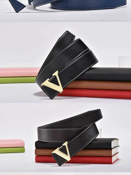Men's high-end belt with smooth buckle; Korean style fashion trend letter V belt; men's belt