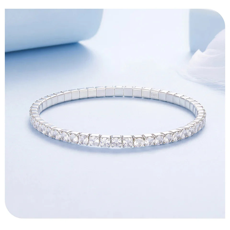 925 Sterling Silver Luxury Full-Pavé Tennis Bracelet Stretchable Round Cubic Zirconia Chain Classic Women Wedding Gift