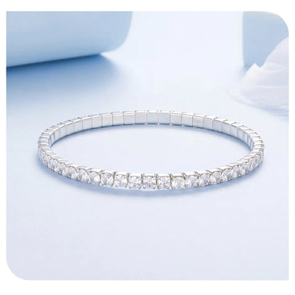 925 Sterling Silver Luxury Full-Pavé Tennis Bracelet Stretchable Round Cubic Zirconia Chain Classic Women Wedding Gift
