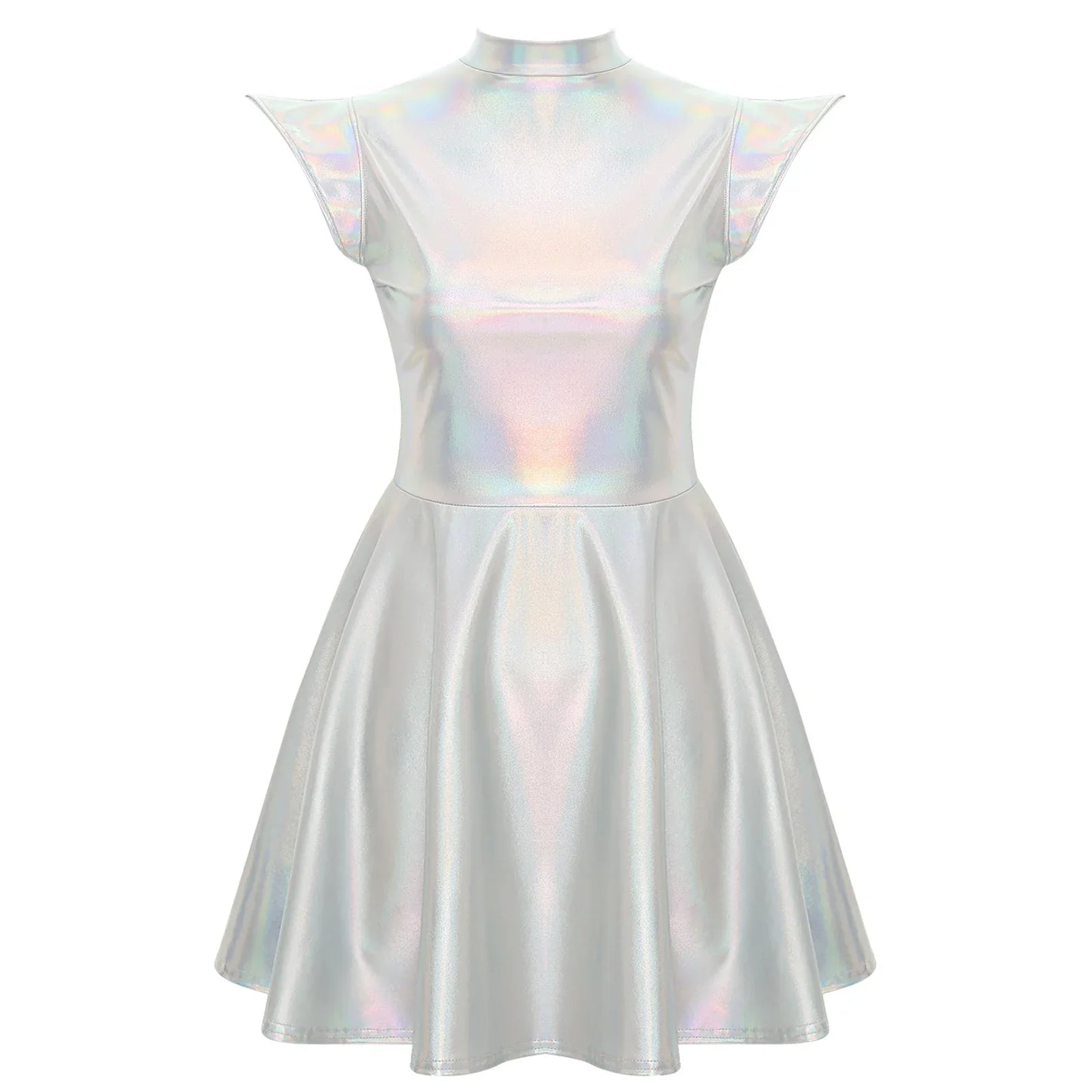 Womens Cocktail Dress Shiny Metallic Dress Alien Space Cap Sleeve High Waist A-line Dress for Halloween Party High Street Dress