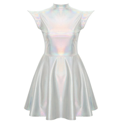 Womens Cocktail Dress Shiny Metallic Dress Alien Space Cap Sleeve High Waist A-line Dress for Halloween Party High Street Dress