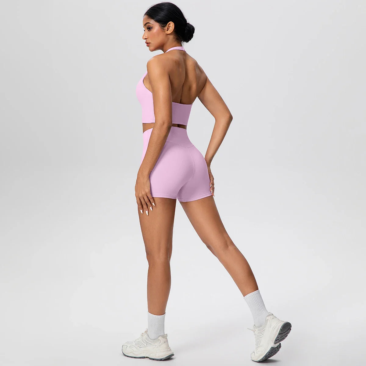 2picese Women Yoga Suit Solid Color High Waist Hip Push Up Fitness Shorts Sexy Pilates Backless Gym Hanging Neck Bra Yoga Set