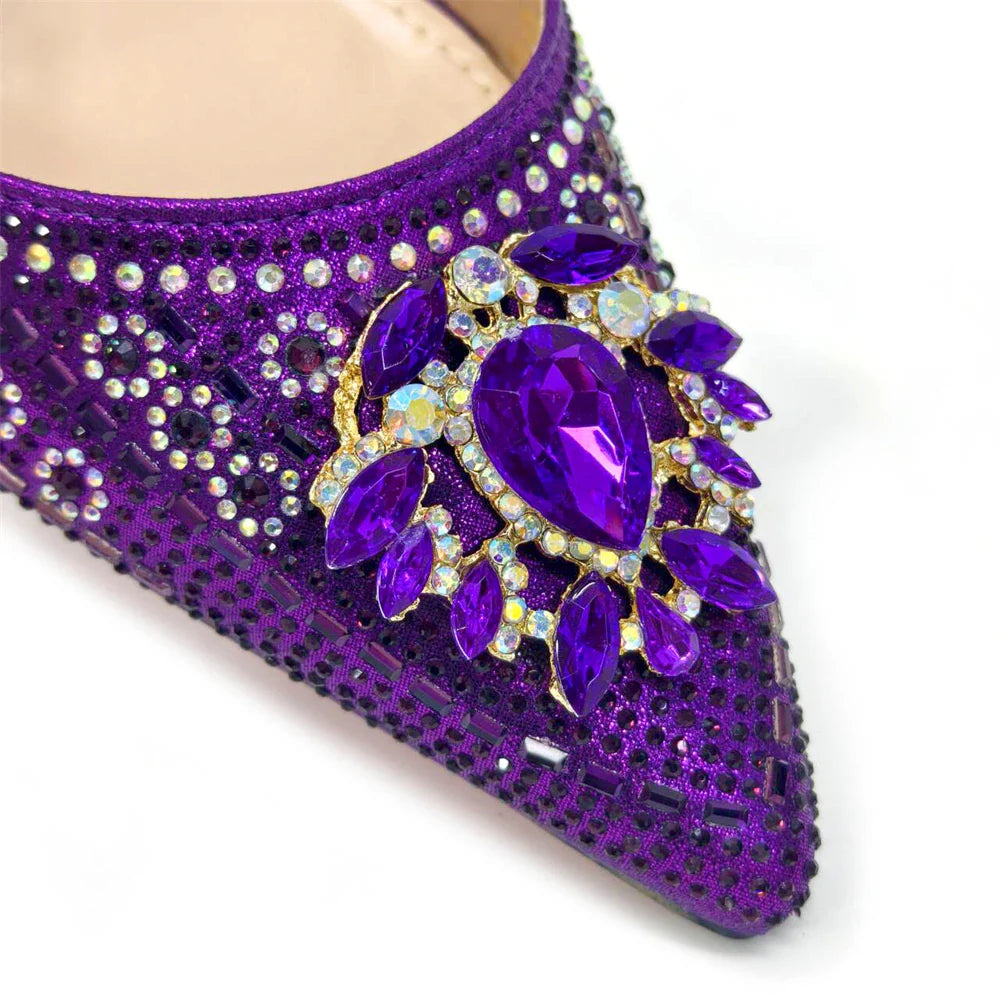 Girly Style Pointed Toe Wedding Shoes and Bag Full Diamond Decoration Metal Closure Bag Italian Design 2024