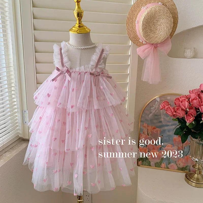 New Summer Baby Girls Party Dress Sleeveless Spaghetti Strap Love Heart Layered Princess Dresses for 3-7Year Old Kids E2310