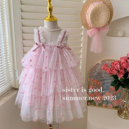 New Summer Baby Girls Party Dress Sleeveless Spaghetti Strap Love Heart Layered Princess Dresses for 3-7Year Old Kids E2310