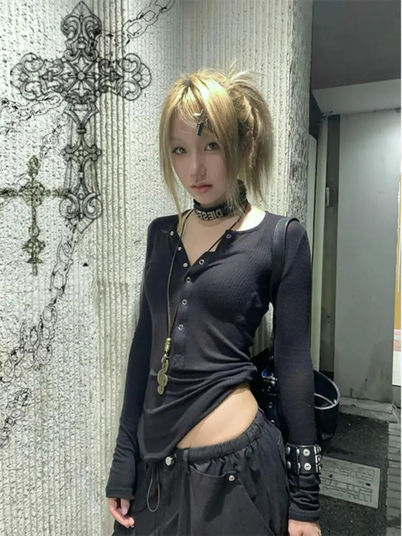 Y2k Japanese T Shirt Women Lace Long Sleeve Print Graphic Tops Streetwear American Retro 90s Crop Tops Autumn Tshirts