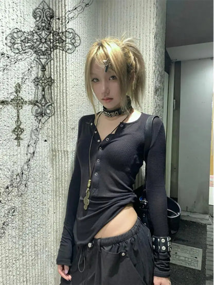 Y2k Japanese T Shirt Women Lace Long Sleeve Print Graphic Tops Streetwear American Retro 90s Crop Tops Autumn Tshirts