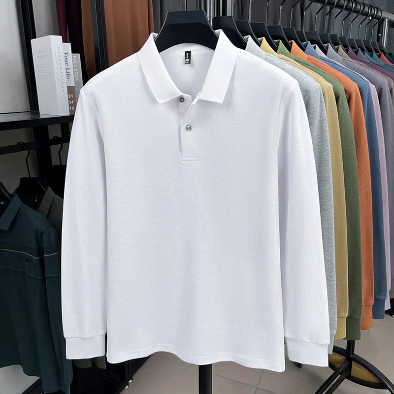 100%pure cotton autumn winter men's high-end designer fashionable long sleeved boutique button casual comfortable polo shirt top
