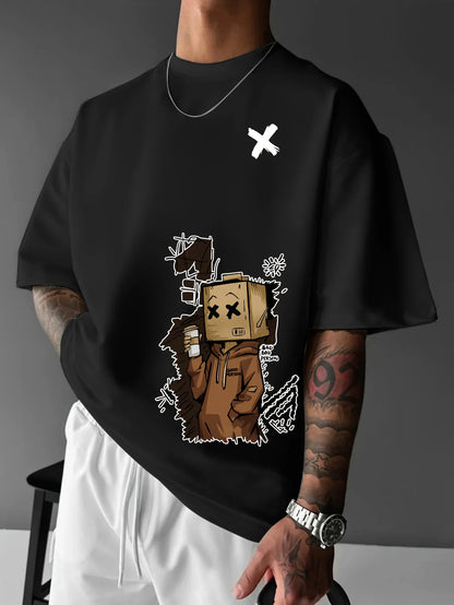 European and American Summer Men's Fashion Cartoon Graffiti Printed Comfortable Breathable Round Neck T-shirt Outdoor Street Top
