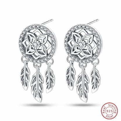 New in 925 Silver Romantic Feather Moon Stars Dream Catcher Earrings For Women Trending Fashion Jewelry Creative Birthday Gifts