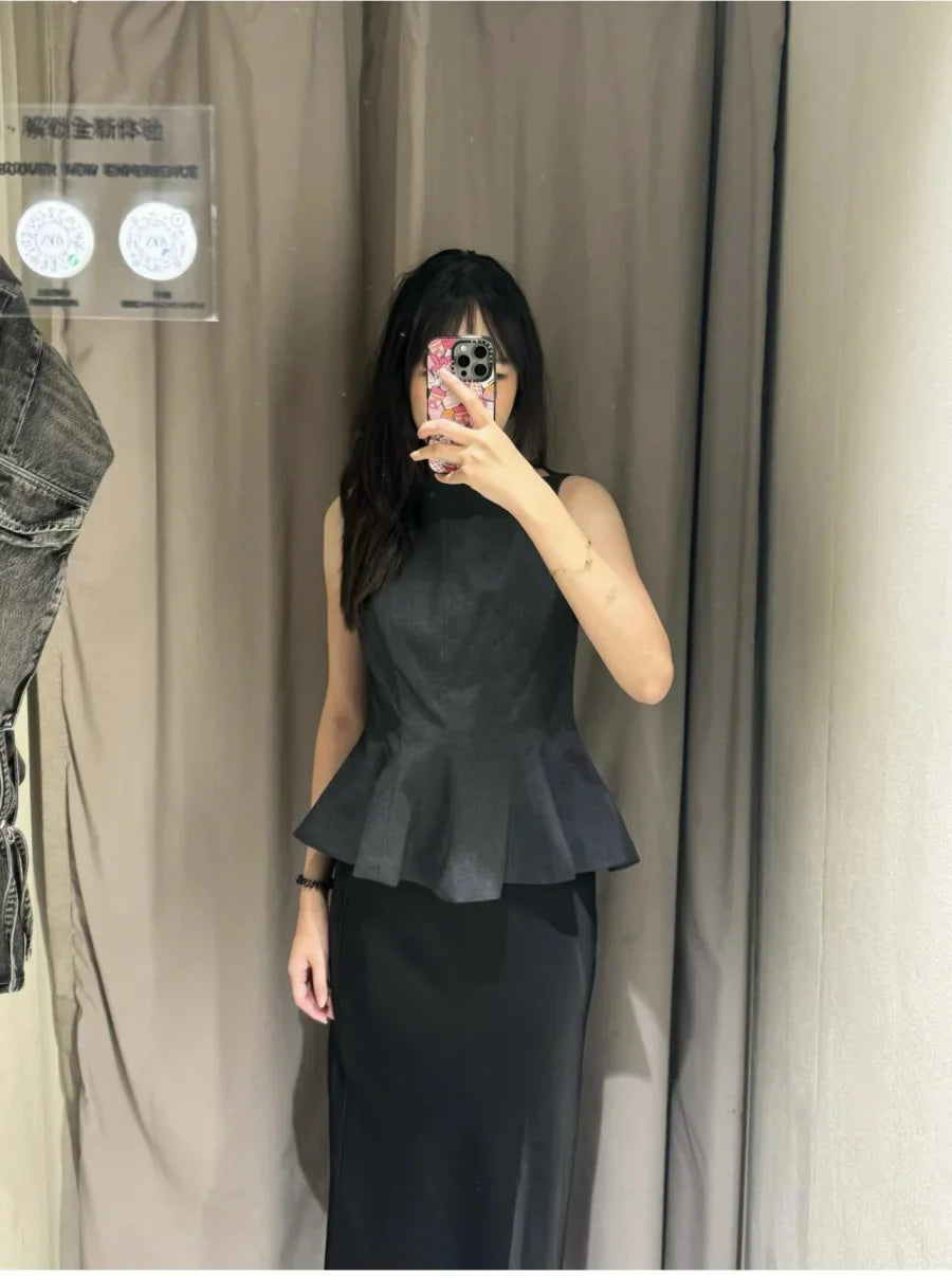 Fall/Winter 2025 New  Women's Fashion Elegant ruffled hem round neck sleeveless waist slim-fit top 4661124