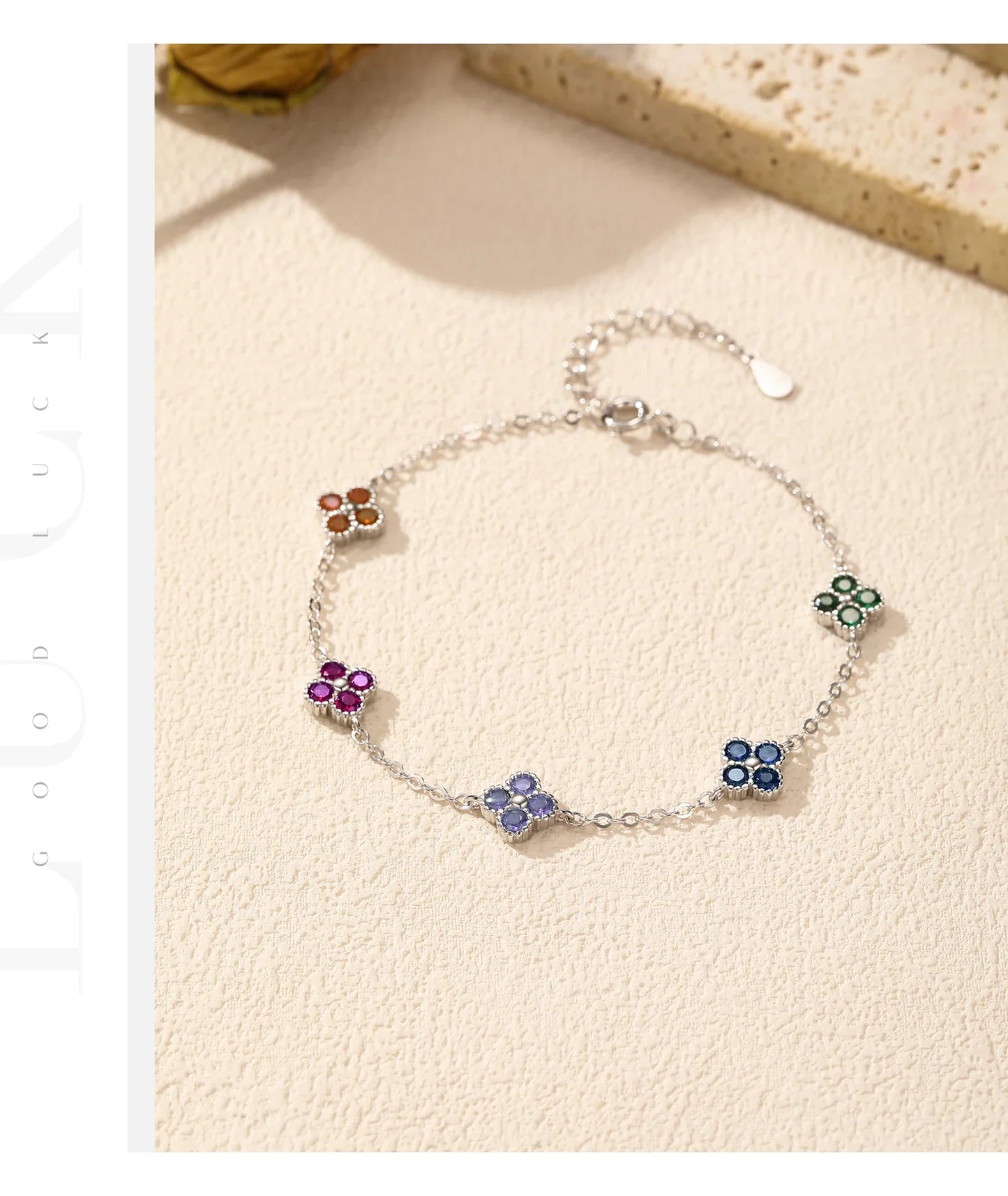 925 Sterling Silver Sweet Four Leaf Clover Colorful Zirconia Charm Fashion Stackable Bracelet For Women Fine Jewelry