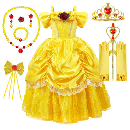 Girls Belle Cosplay Princess Dress Children Beauty Beast Clothes Birthday Carnival Christmas Party Costume Kids Ball Gown 2-11T