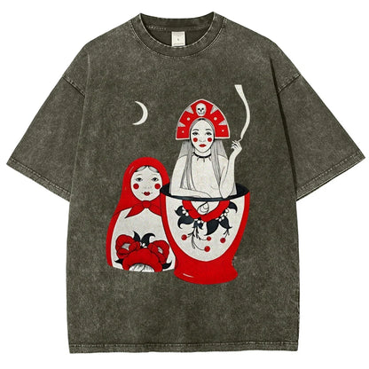 Russian Doll Pattern, Cute Style, Y2k Graphic Tee, Women's Oversized T-Shirt, Cute Hand-Painted Bunny, Korean Style Art, Summer