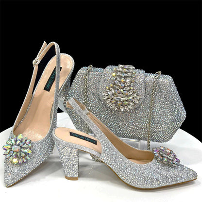 INS Style Green Party Shoe and Bag Set in Women Pointed-Toe Rhinestone High Heels Elegant African Ladies Shoes
