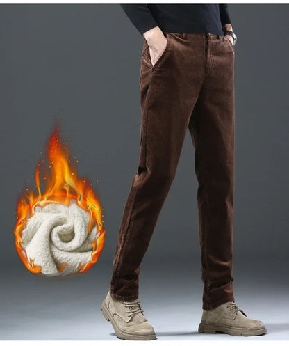Fleece Winter Brand Men Clothing Corduroy Pants Warm Business Slim Velvet Korean Casual Trousers Male Plush Pants