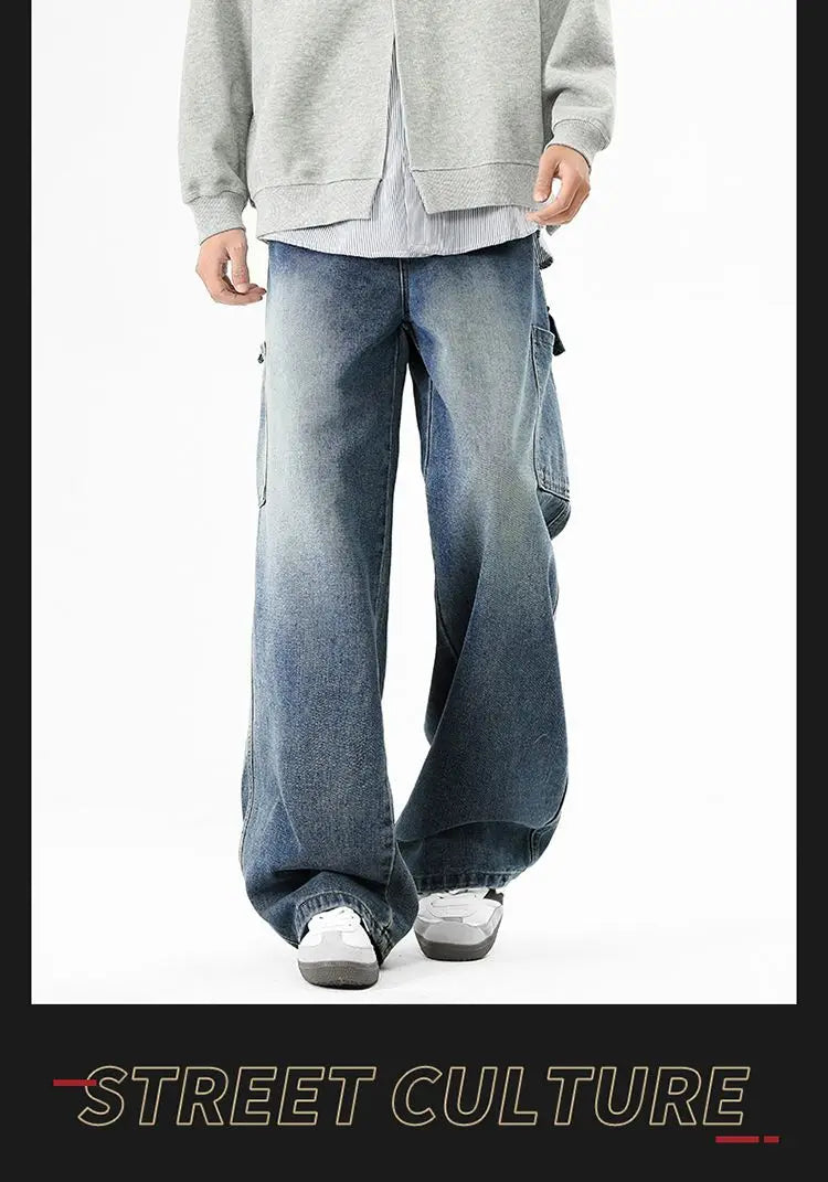 Cargo Jeans Men's Autumn New Vintage Fashion Straight Denim Trousers Casual Wide Personalized Male Clothing Pants Men Denim