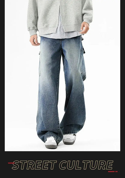 Cargo Jeans Men's Autumn New Vintage Fashion Straight Denim Trousers Casual Wide Personalized Male Clothing Pants Men Denim