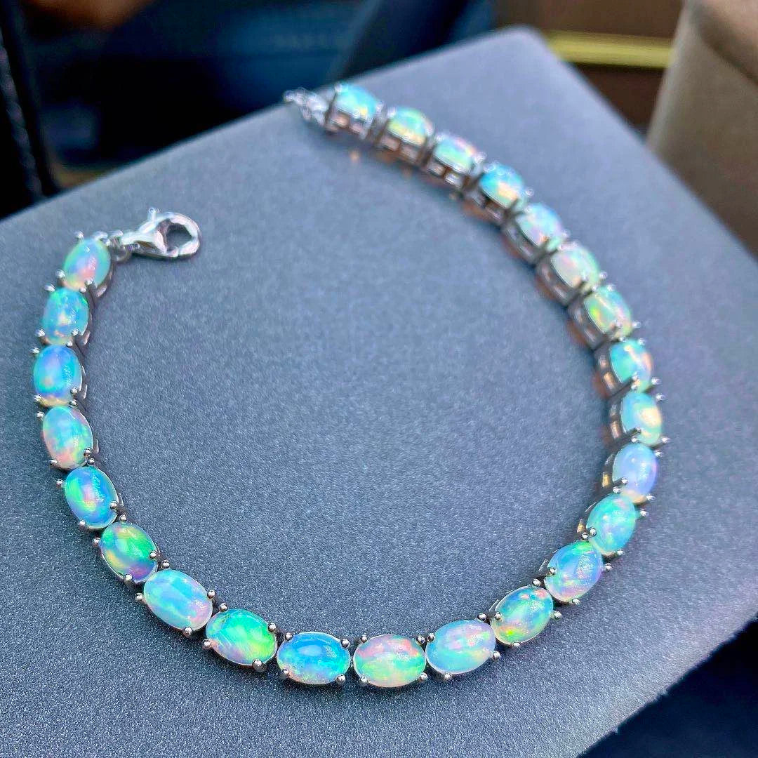 925 Sterling Silver Natural Opal Simple Bracelet Colorful Stone Bracelet Women's Fine Wedding Jewelry 24 Pc 4*6mm Fine Jewelry