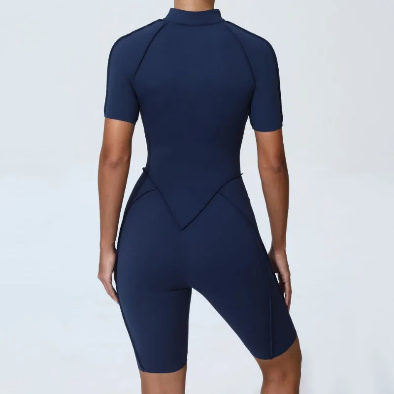 Zipper Short-sleeved Yoga Sports Fitness Jumpsuits Sets Without Chest Pad Tight Bodysuits Shorts Gym Workout Clothes for Women