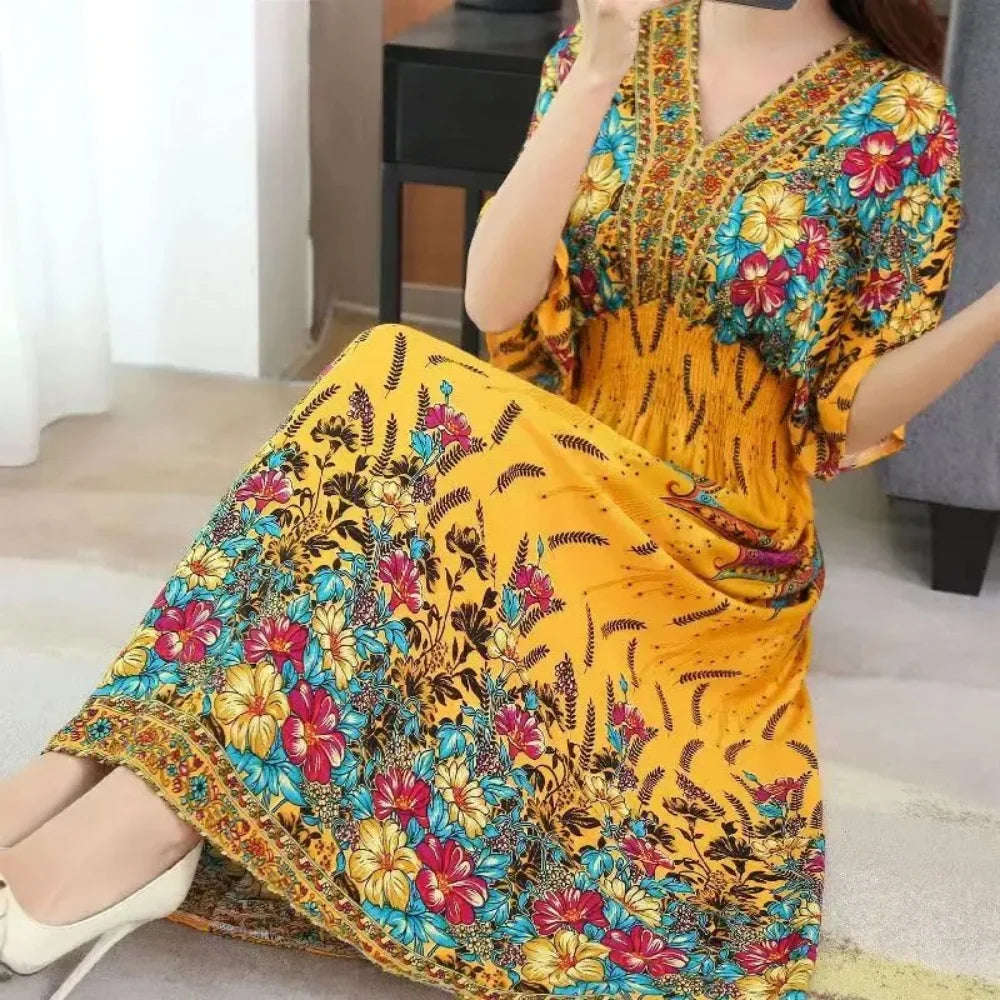 Flower V-neck Elastic Youthful Bohemian Sweet Midi Dress Woman Clothes Chic Fashion Summer Dresses 2025 Large Swing Ski