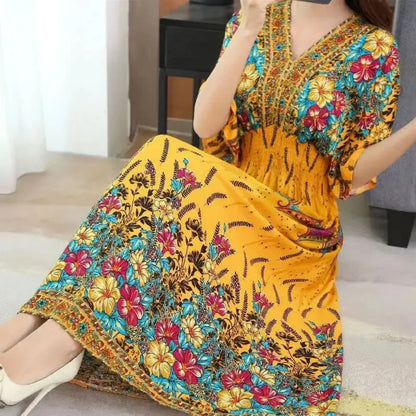Flower V-neck Elastic Youthful Bohemian Sweet Midi Dress Woman Clothes Chic Fashion Summer Dresses 2025 Large Swing Ski