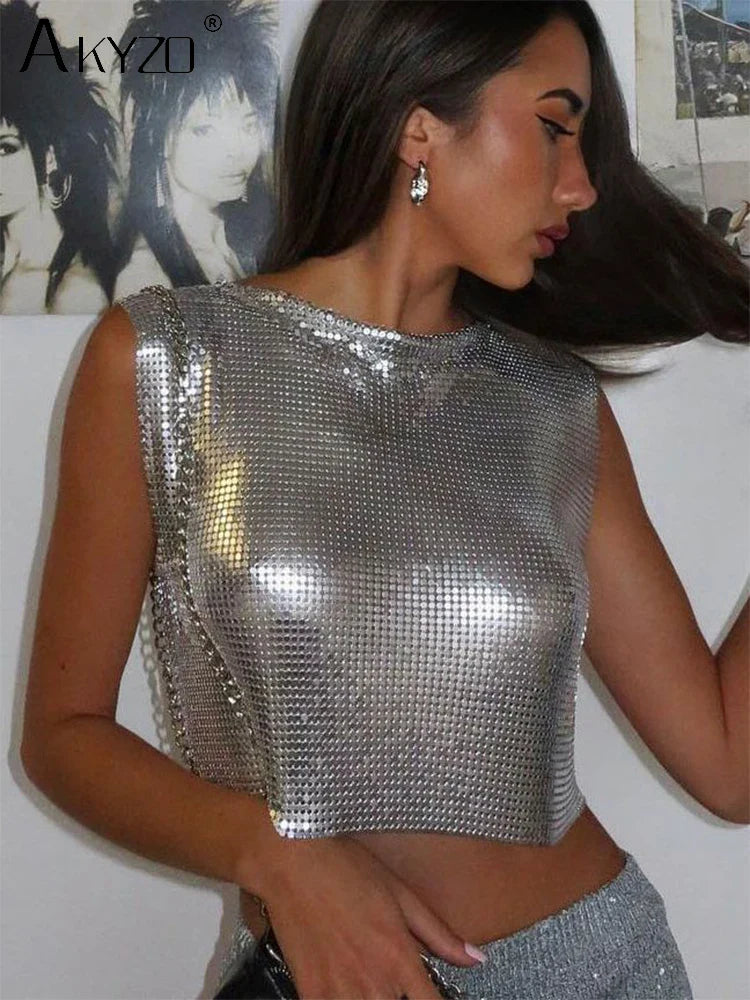 Women Metal Sequins Crop Tops Sexy Hollow Out Sleeveless Backless Y2k Tank Tops Nightclub Party Rave Festival Camisole 2023 New